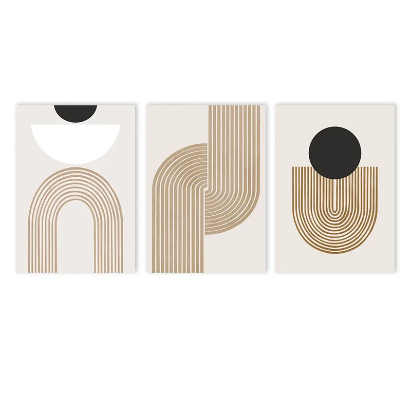 Set of three abstract art prints with geometric shapes on a white background