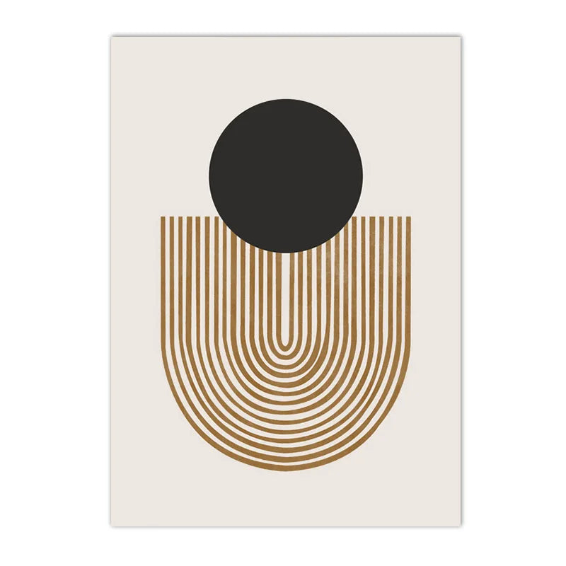 Geometric design with a black circle and gold arches on a white background