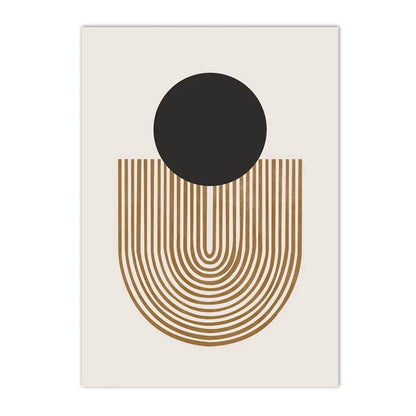 Geometric design with a black circle and gold arches on a white background