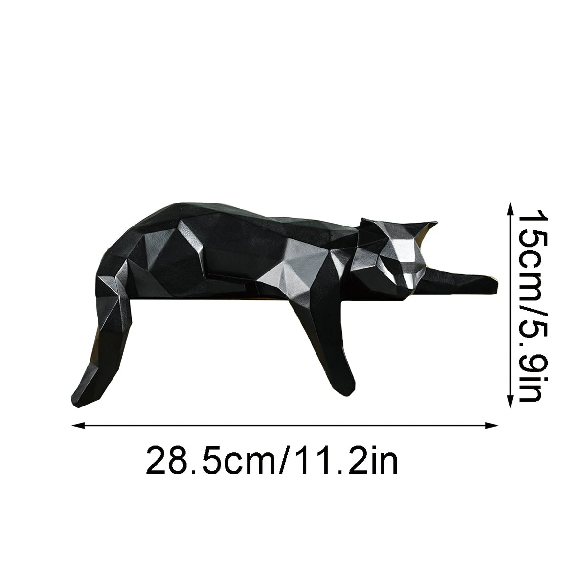 Black geometric cat figurine with measurements on a white background