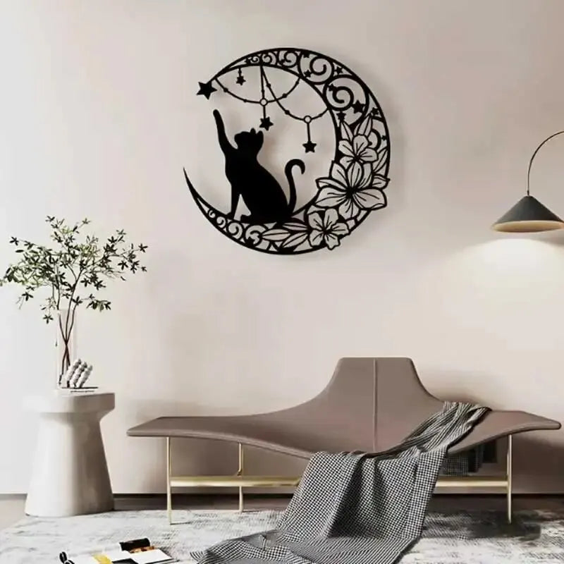 Black Cat In Moon Metal Wall Art 3D Iron Crafted Wall Decoration For Living Room Bedroom Easy Install Creative Nordic Home Home Decor