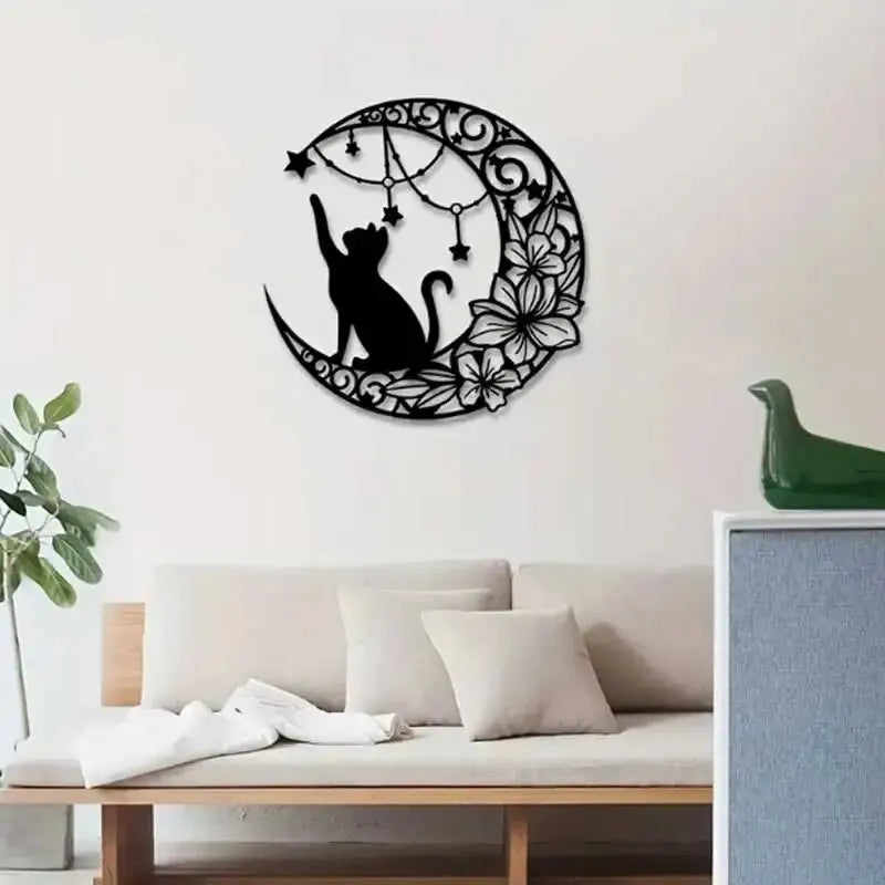Black Cat In Moon Metal Wall Art 3D Iron Crafted Wall Decoration For Living Room Bedroom Easy Install Creative Nordic Home Home Decor