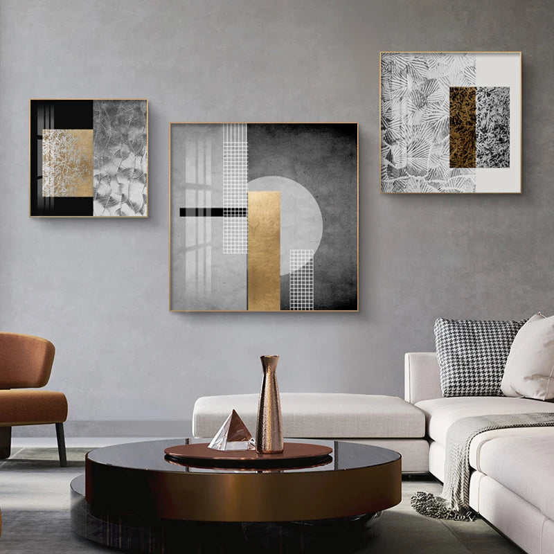 Black Golden Abstract Wall Art Square Format Fine Art Canvas Prints Retro Vintage Textural Designer Pictures For Modern Living Room Decor