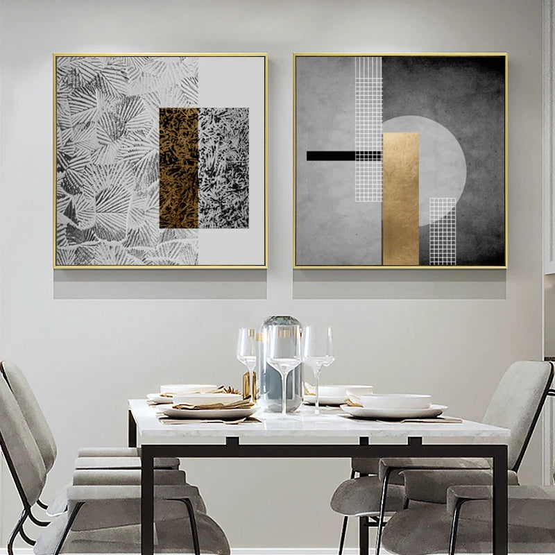 Black Golden Abstract Wall Art Square Format Fine Art Canvas Prints Retro Vintage Textural Designer Pictures For Modern Living Room Decor
