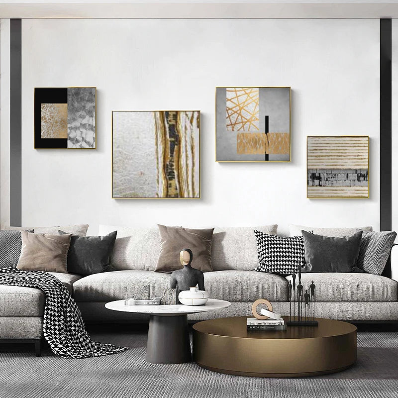 Black Golden Abstract Wall Art Square Format Fine Art Canvas Prints Retro Vintage Textural Designer Pictures For Modern Living Room Decor