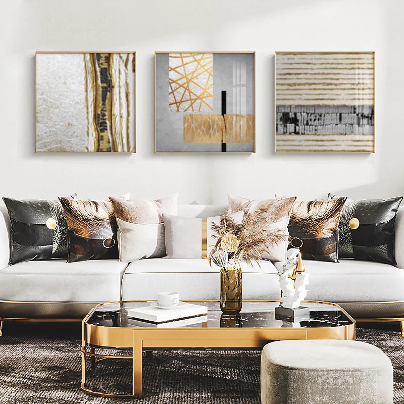 Black Golden Abstract Wall Art Square Format Fine Art Canvas Prints Retro Vintage Textural Designer Pictures For Modern Living Room Decor