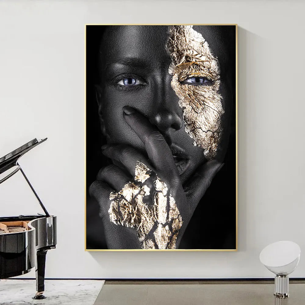 Black Golden African Woman Poster Wall Art Fine Art Canvas Print Portrait Picture For Modern Apartment Living Room Interior Design