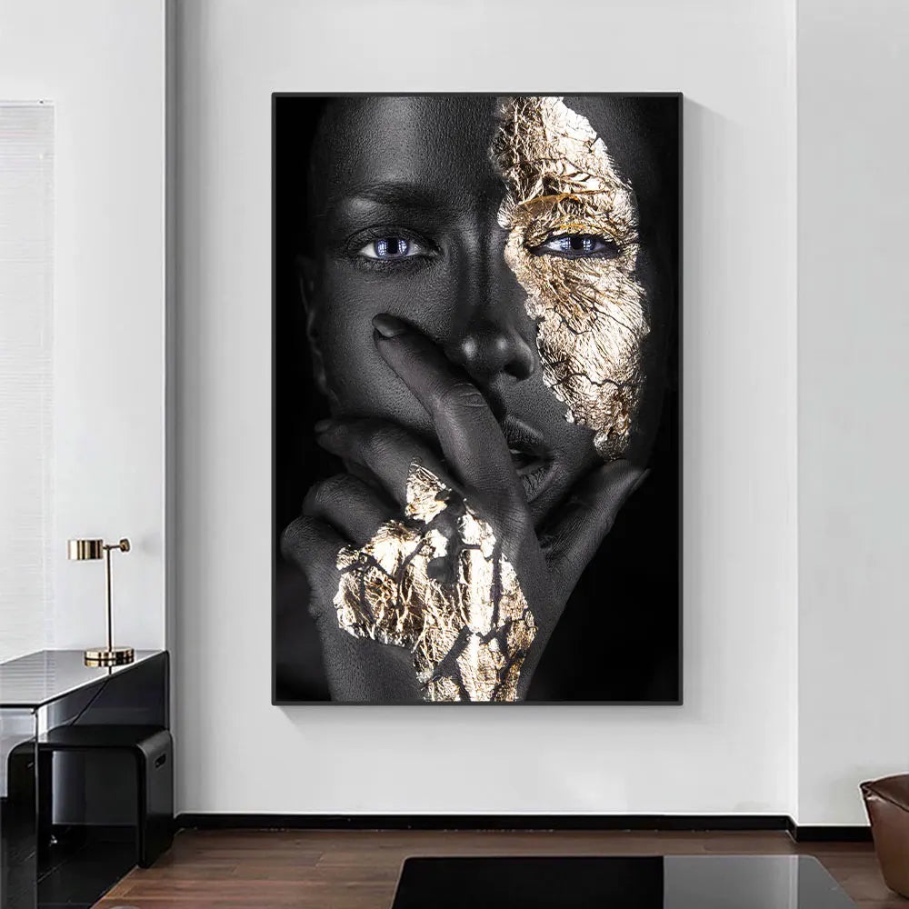 Black Golden African Woman Poster Wall Art Fine Art Canvas Print Portrait Picture For Modern Apartment Living Room Interior Design