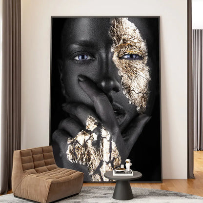 Black Golden African Woman Poster Wall Art Fine Art Canvas Print Portrait Picture For Modern Apartment Living Room Interior Design