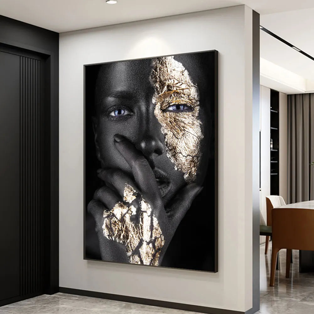 Black Golden African Woman Poster Wall Art Fine Art Canvas Print Portrait Picture For Modern Apartment Living Room Interior Design