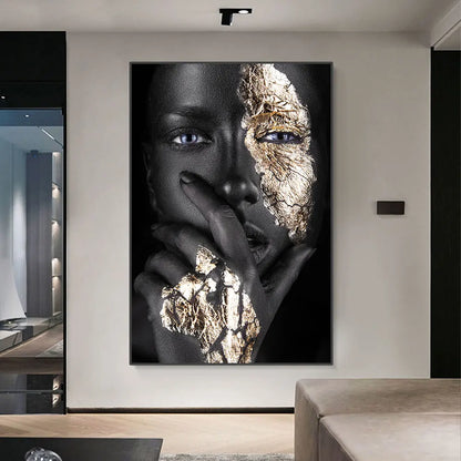 Black Golden African Woman Poster Wall Art Fine Art Canvas Print Portrait Picture For Modern Apartment Living Room Interior Design