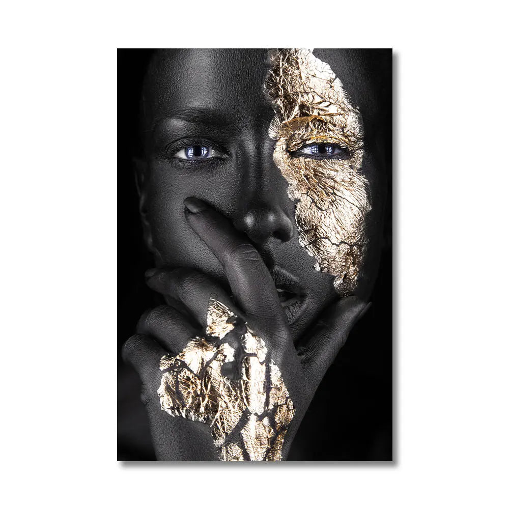 Black Golden African Woman Poster Wall Art Fine Art Canvas Print Portrait Picture For Modern Apartment Living Room Interior Design