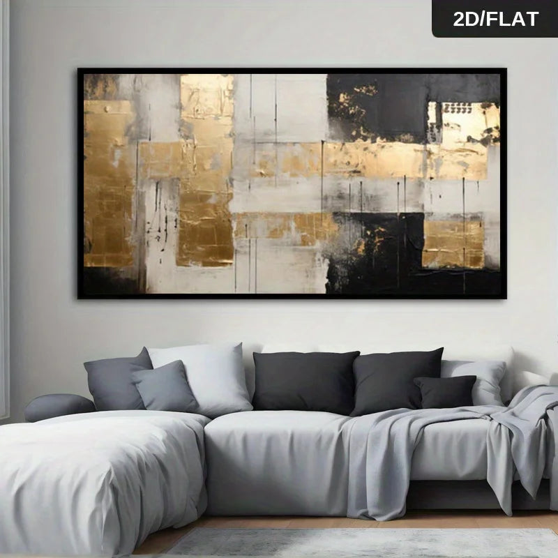A large abstract wall art piece with gold, black, white, and gray brushstrokes, displayed above a modern gray sectional sofa in a living room setting.
