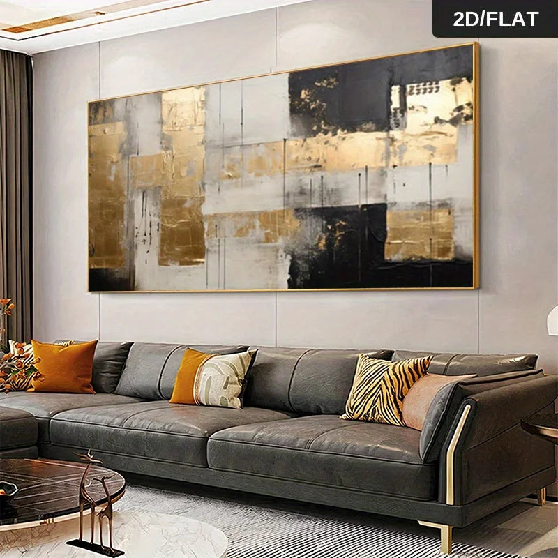 A large rectangular abstract wall art piece with black, gold, white, and gray brushstrokes hangs above a dark gray leather sofa in a modern living room. A small badge in the top-right corner reads '2D/FLAT'.