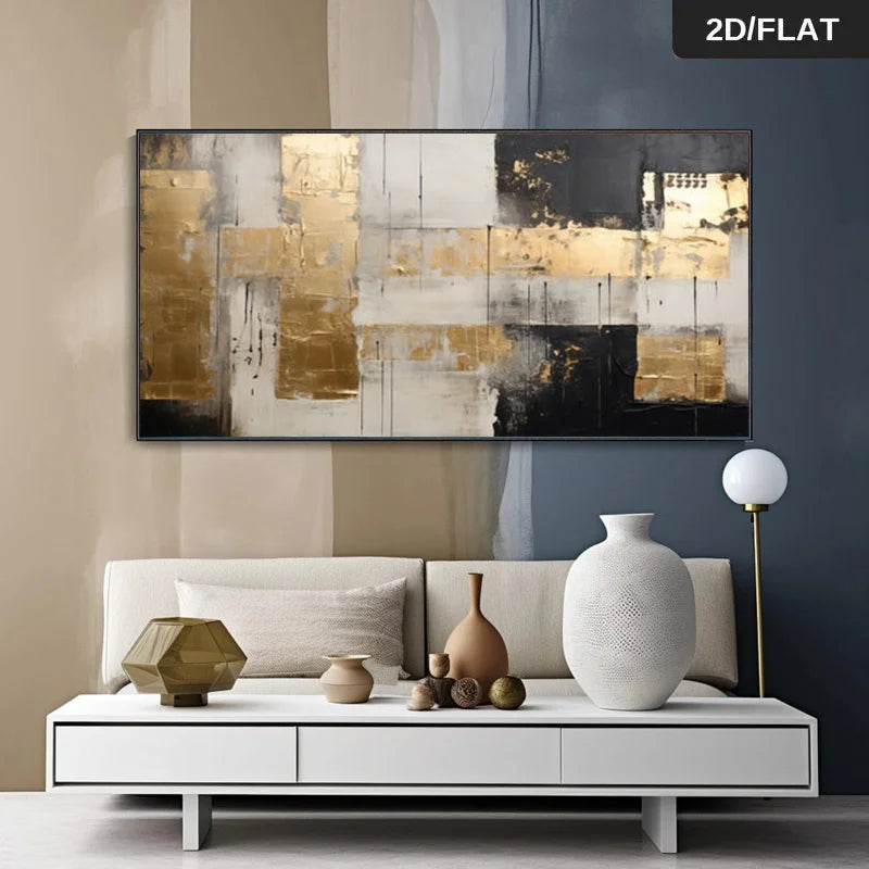 Large abstract wall art with gold, white, black, and gray brushstrokes, displayed above a white console table in a modern living room setting.