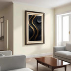 Living room with abstract art on the wall, gray sofa, and wooden coffee table.