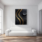Abstract art piece on a wall above a white sofa in a modern living room.