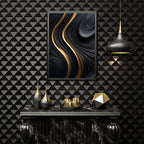 Modern interior design with abstract art, decorative vases, and a pendant light against a geometric patterned wall.