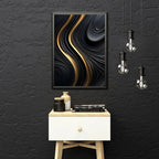 Framed abstract artwork on a dark textured wall with a white cabinet and decorative items.