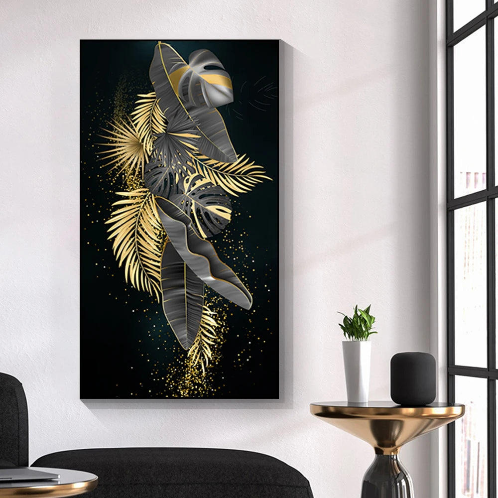 Black Golden Leaves Exotic Abstract Botanical Wall Art Fine Art Canvas Prints Pictures For Living Room Reception Foyer Art For Light Luxury Home Decor 2025
