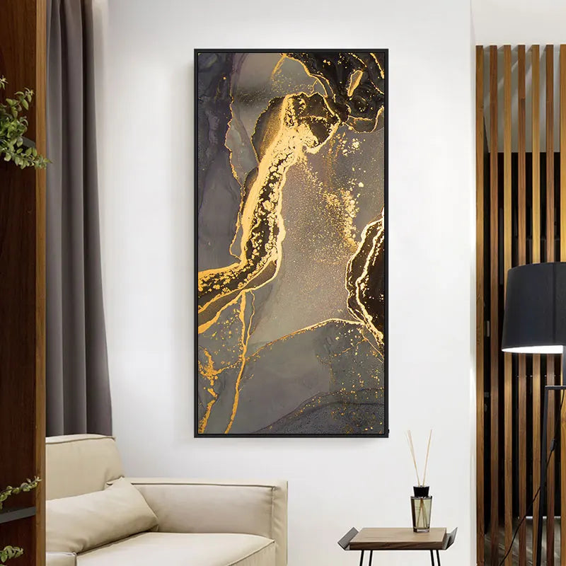 Black Golden Line Marble Print Wall Art Fine Art Canvas Prints Tall Vertical Rectangle Artwork Pictures For Living Room Light Luxury Home Decor