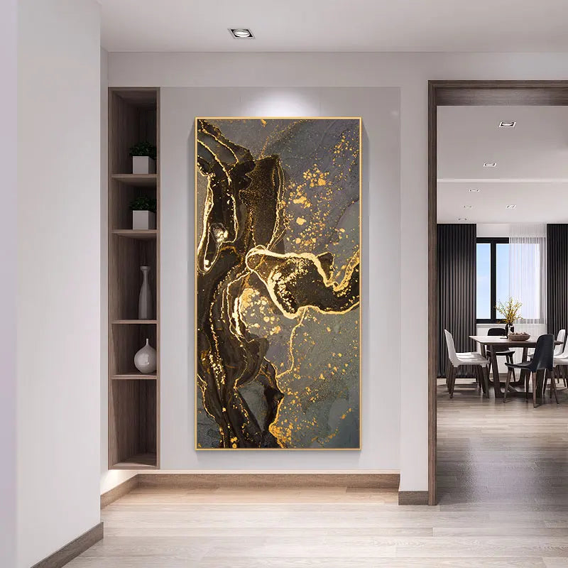 Black Golden Line Marble Print Wall Art Fine Art Canvas Prints Tall Vertical Rectangle Artwork Pictures For Living Room Light Luxury Home Decor