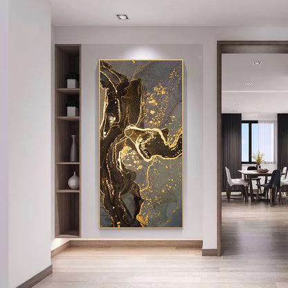 Black Golden Line Marble Print Wall Art Fine Art Canvas Prints Tall Vertical Rectangle Artwork Pictures For Living Room Light Luxury Home Decor