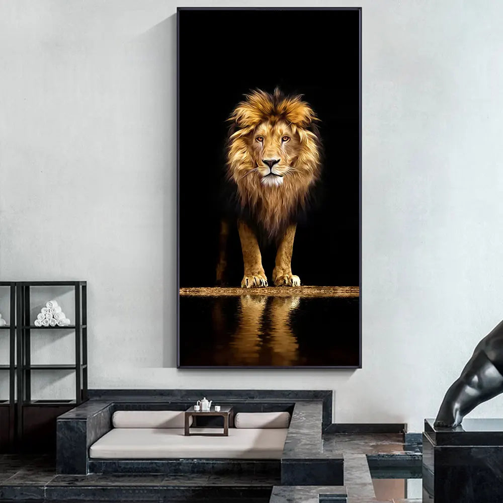 Black Golden Lion Poster Wall Art Fine Art Canvas Print Picture For Entrance Foyer Living Room Light Luxury Home Decor