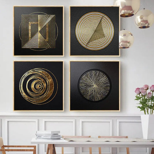 Black Golden Spherical Abstract Geometric Wall Art Fine Art Canvas Prints Modern Aesthetics Square Format Pictures For Living Room Home Office Decor