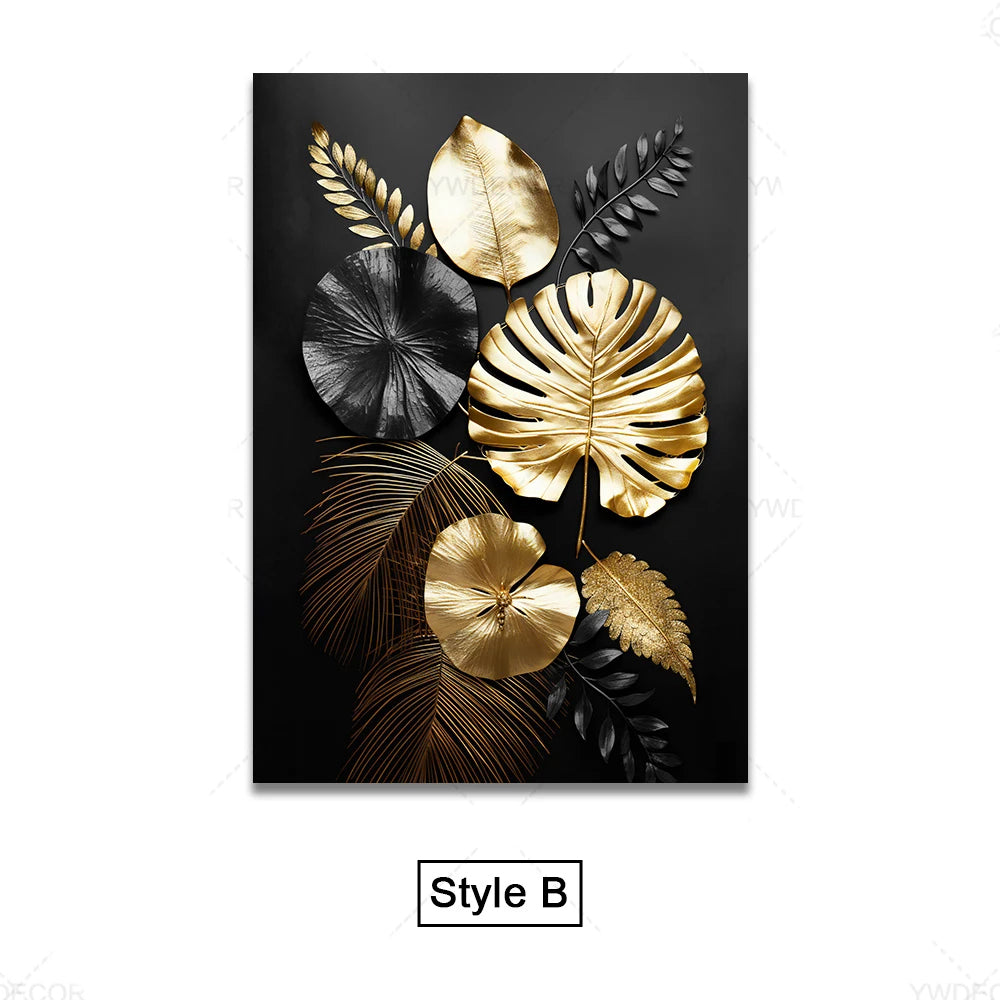 Black Golden Tropical Leaves Wall Art Fine Art Canvas Prints Modern Botanical Pictures For Luxury Living Room Dining Room Home Office Decor