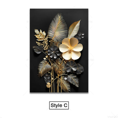 Black Golden Tropical Leaves Wall Art Fine Art Canvas Prints Modern Botanical Pictures For Luxury Living Room Dining Room Home Office Decor