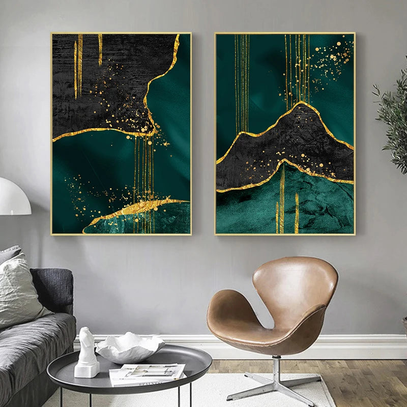 Black Green Golden Marble Print Wall Art Fine Art Canvas Prints Pictures For Living Room Dining Room Light Luxury Home Decor