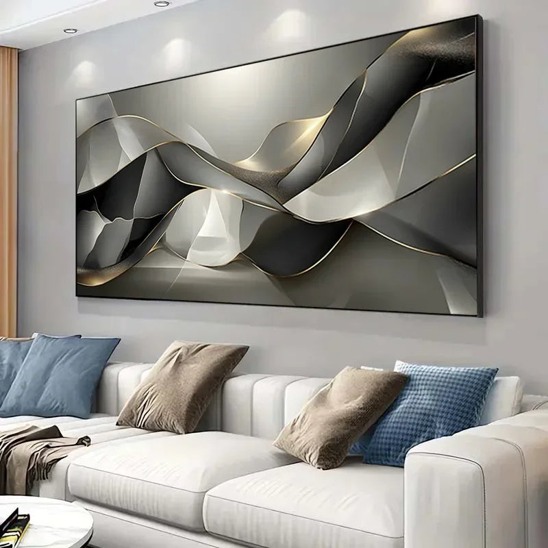 Black Grey Golden Abstract Flowing Geometric Wall Art Fine Art Canvas Prints Picture For Modern Apartment Living Room Dining Room Home Office Decor