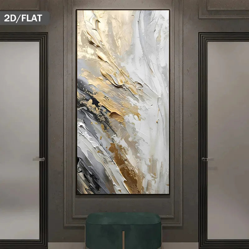 Black Grey Golden Abstract Vertical Format Wall Art Fine Art Canvas Print Picture For Foyer Entryway Corridor Art For Modern Interiors