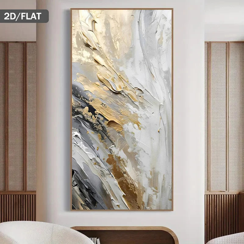 Abstract art painting with gold and white tones in a wooden frame on a wall.