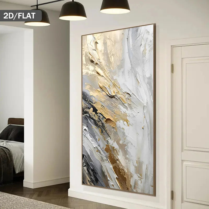 Abstract painting with gold and gray tones in a modern interior setting.