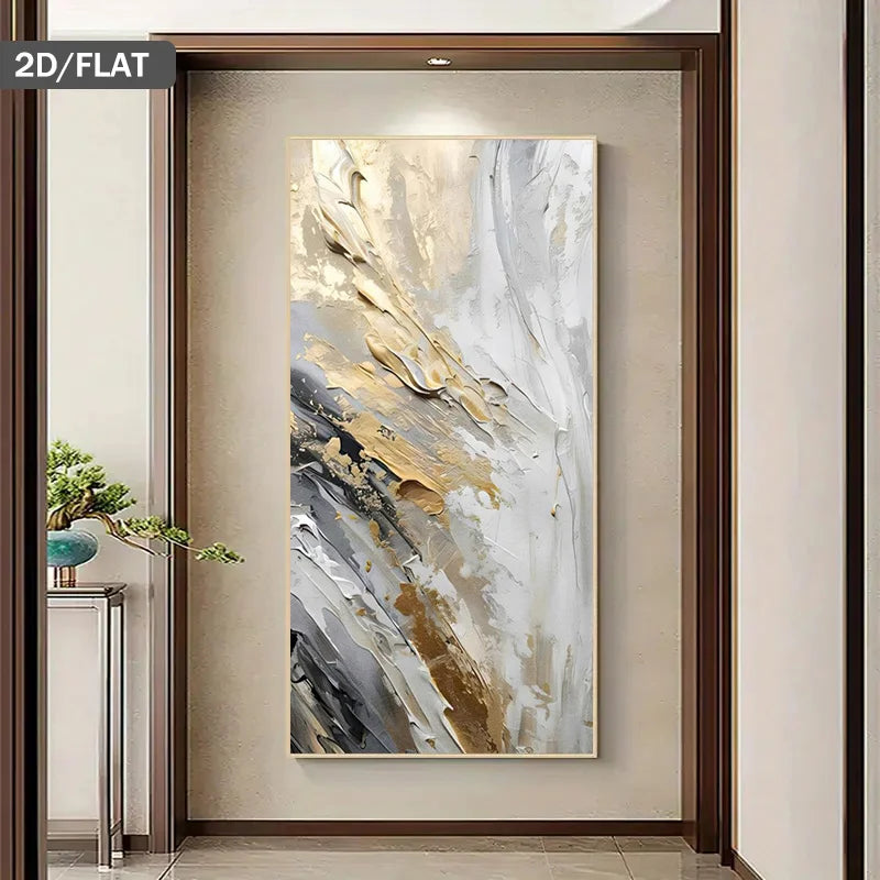Abstract art painting in a modern interior setting with a wooden frame.