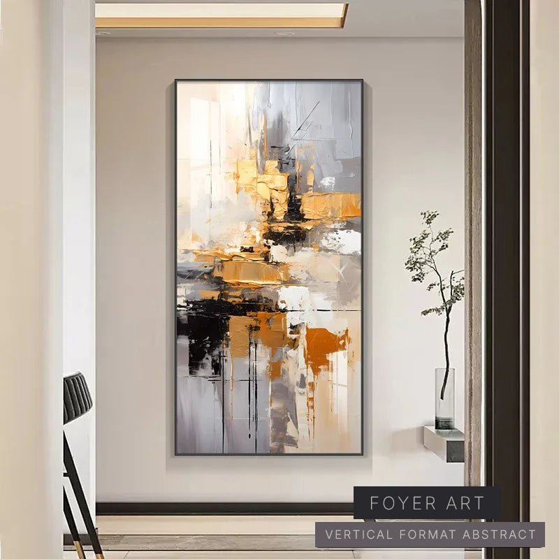 Abstract art painting in a modern interior setting with a plant and chair.