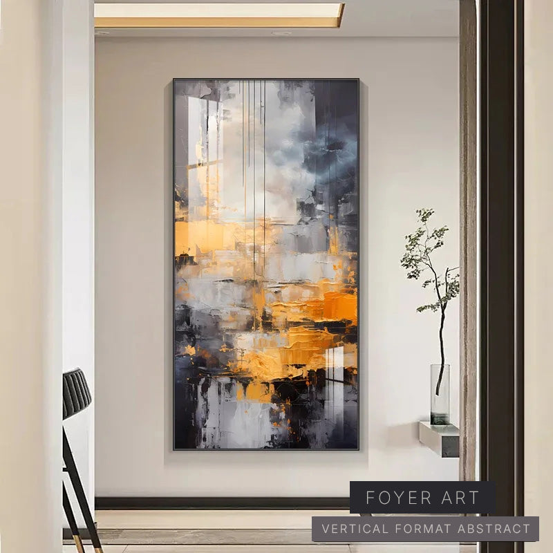 Abstract art painting in a modern interior setting with a plant.