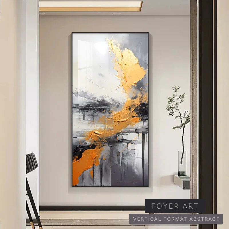 Abstract art painting with orange and gray colors in a modern interior setting.