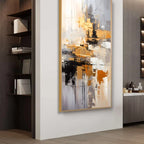 Abstract art painting in a modern interior setting with shelves and decor.