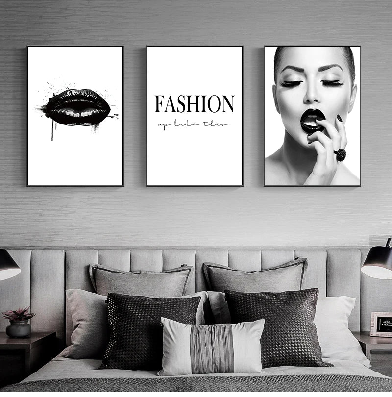 Black Lip Gloss Fashion Beauty Poster Wall Art Fine Art Canvas Prints Minimalist Black White Pictures For Studio Living Room Bedroom Salon Art Decor
