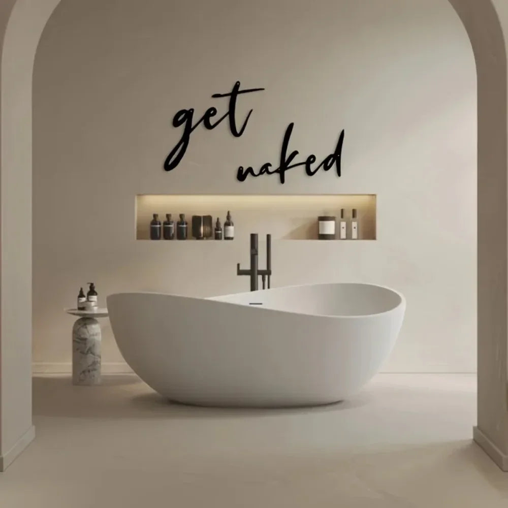 Black Metal Get Naked Wall Art For Bathroom 3d Iron Crafted Easy To Install Creative Typographic Wall Decor For Washroom Shower Room Nordic Home Decor