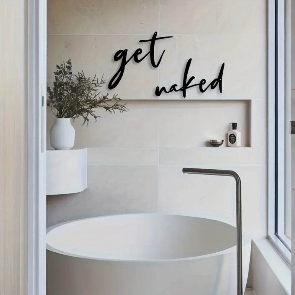 Black Metal Get Naked Wall Art For Bathroom 3d Iron Crafted Easy To Install Creative Typographic Wall Decor For Washroom Shower Room Nordic Home Decor