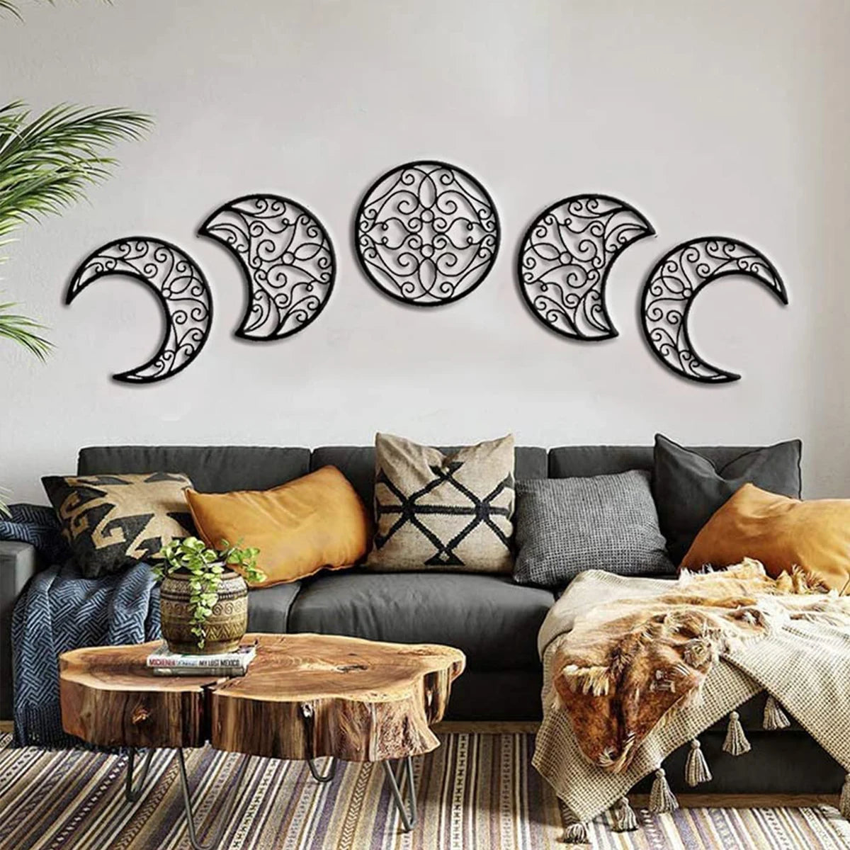 Black Metal Moon Phase Wall Art 3d Iron Craft Wall Mounted Nordic Wall Hanging Decoration For Living Room Dining Room Creative Home Decor