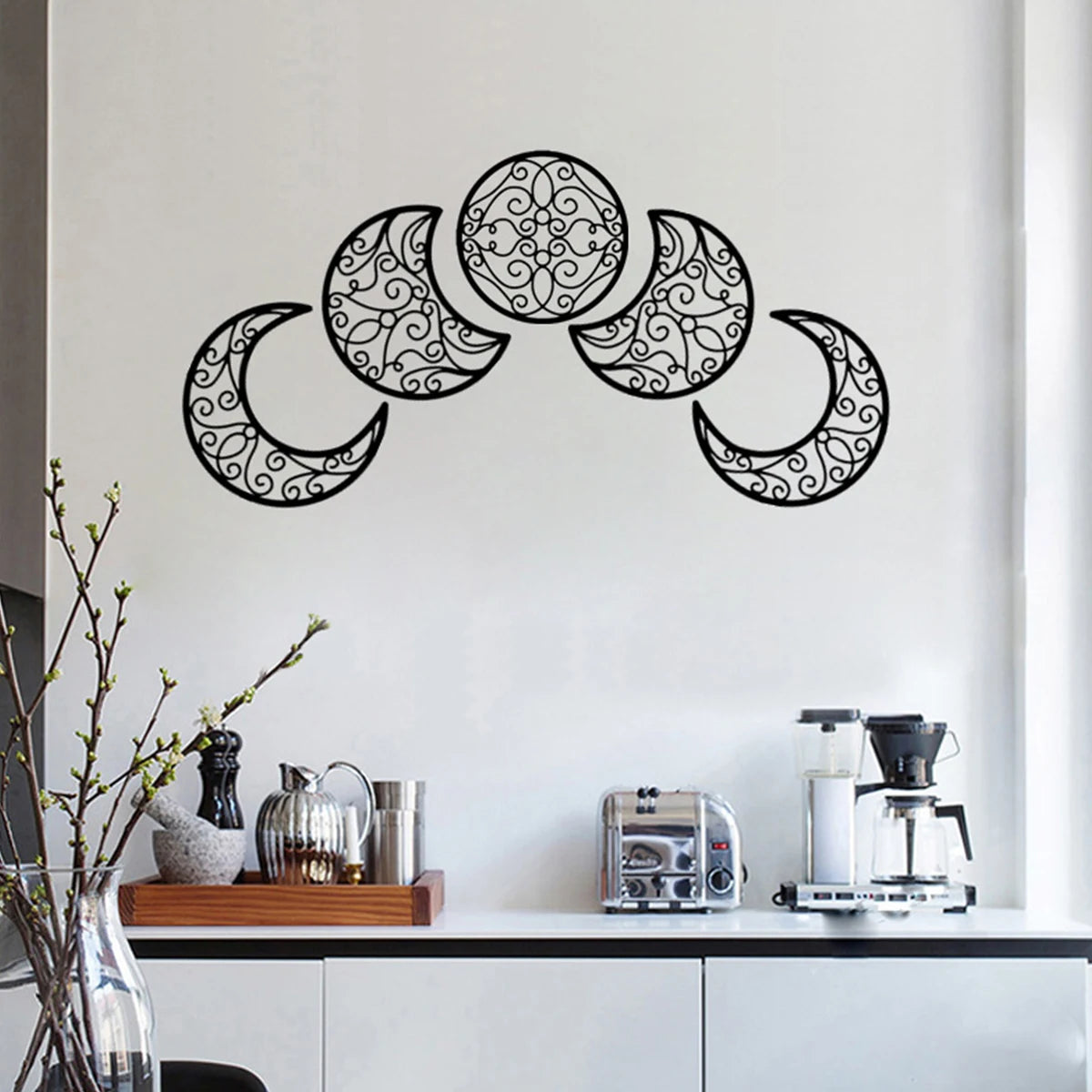 Black Metal Moon Phase Wall Art 3d Iron Craft Wall Mounted Nordic Wall Hanging Decoration For Living Room Dining Room Creative Home Decor