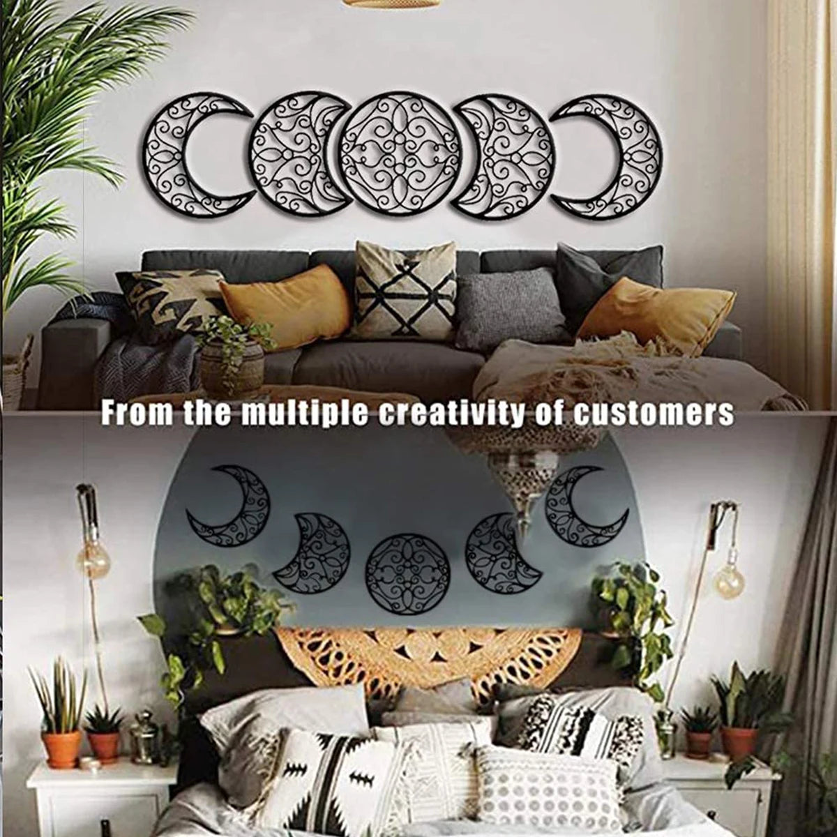 Black Metal Moon Phase Wall Art 3d Iron Craft Wall Mounted Nordic Wall Hanging Decoration For Living Room Dining Room Creative Home Decor
