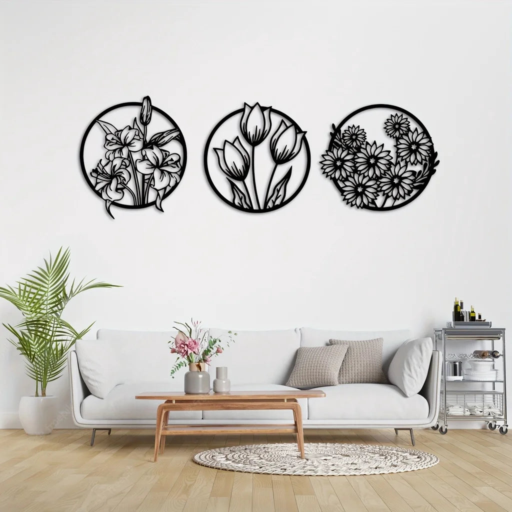 Black Metal Silhouetted Floral Wall Art Plaques Elegant 3d Iron Crafted Wall Decoration For Living Room Dining Room Bedroom Art