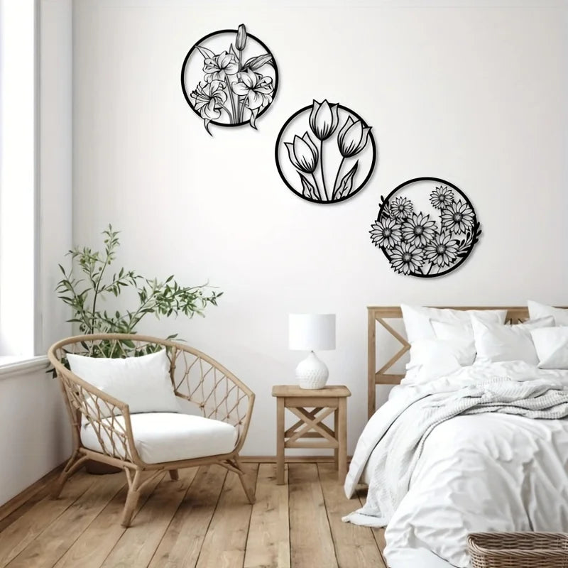 Black Metal Silhouetted Floral Wall Art Plaques Elegant 3d Iron Crafted Wall Decoration For Living Room Dining Room Bedroom Art