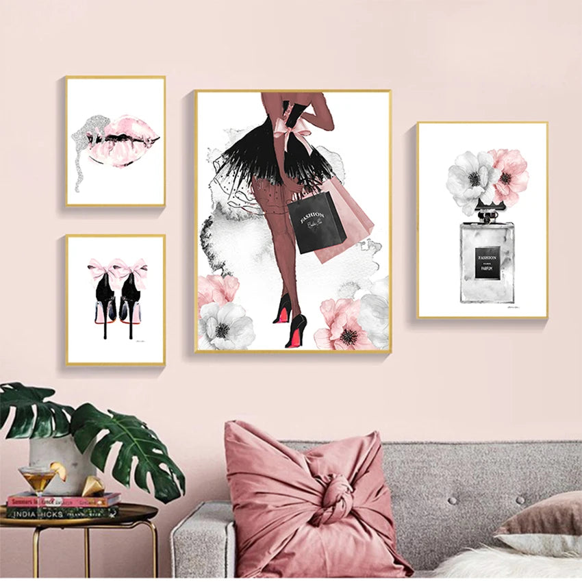 Black Pink Paris Perfume Lipstick Heels Wall Art Fine Art Canvas Prints Chic Fashion Pictures For Living Room Bedroom Boutique Salon Art Decor